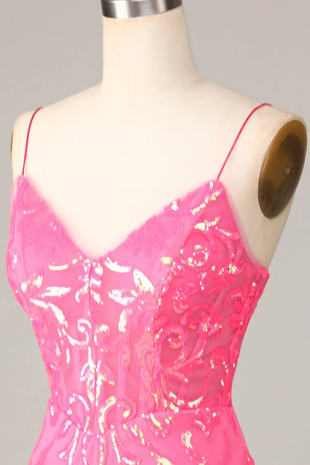 Amazing Sheath Fuchsia Spaghetti Straps Sequins Homecoming Dress