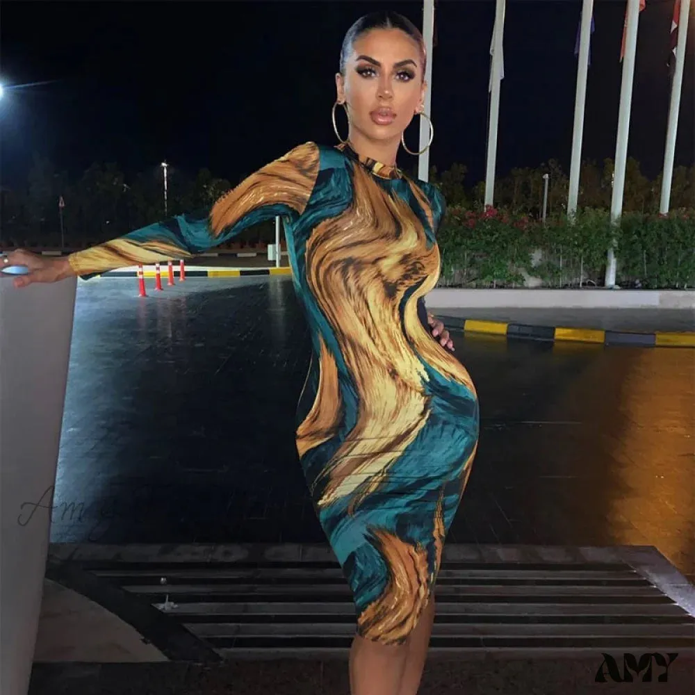 Amy Fashion - Tie Dye Print Long Sleeve Bodycon Midi Dress