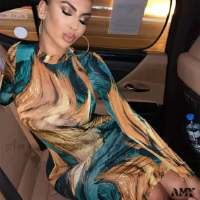 Amy Fashion - Tie Dye Print Long Sleeve Bodycon Midi Dress