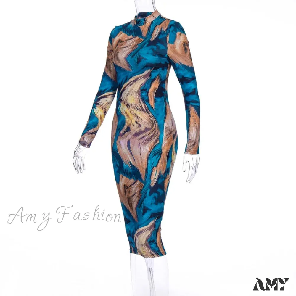 Amy Fashion - Tie Dye Print Long Sleeve Bodycon Midi Dress