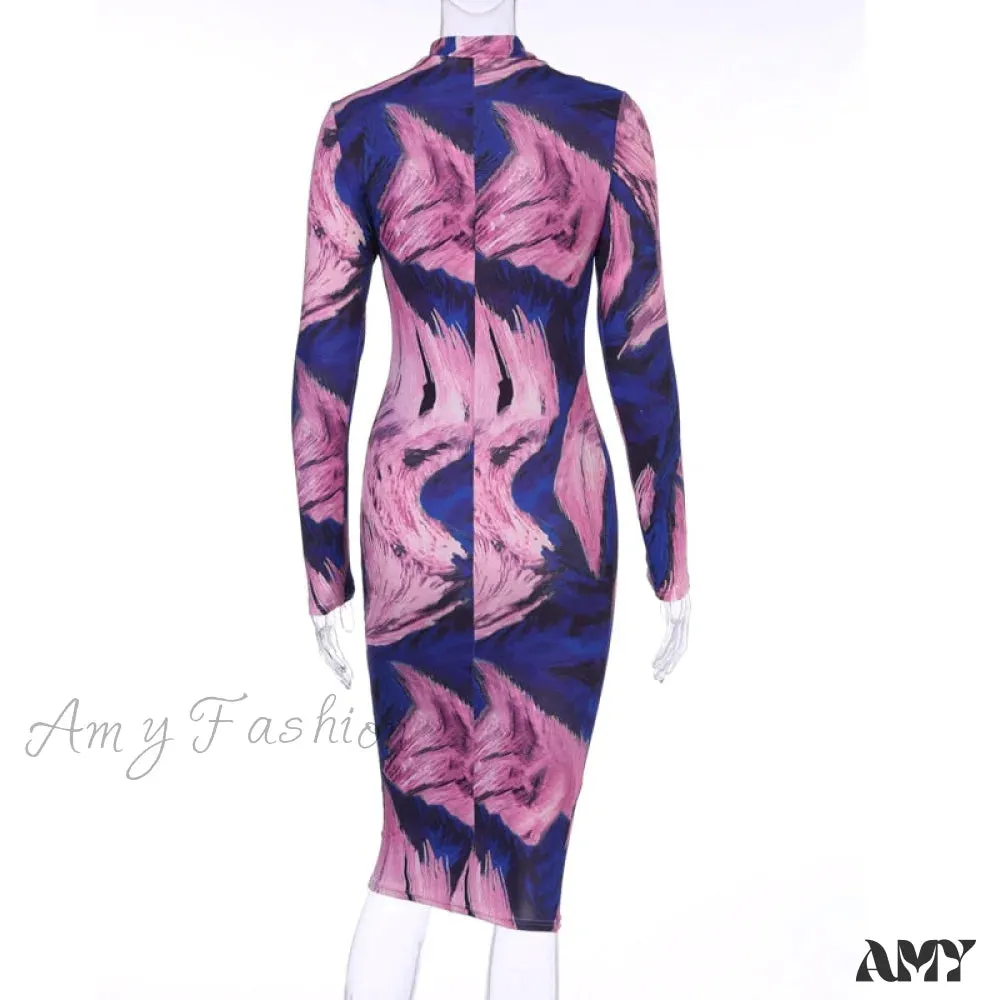 Amy Fashion - Tie Dye Print Long Sleeve Bodycon Midi Dress
