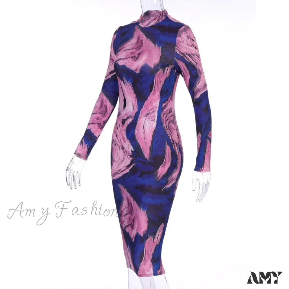 Amy Fashion - Tie Dye Print Long Sleeve Bodycon Midi Dress