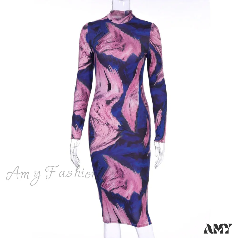 Amy Fashion - Tie Dye Print Long Sleeve Bodycon Midi Dress