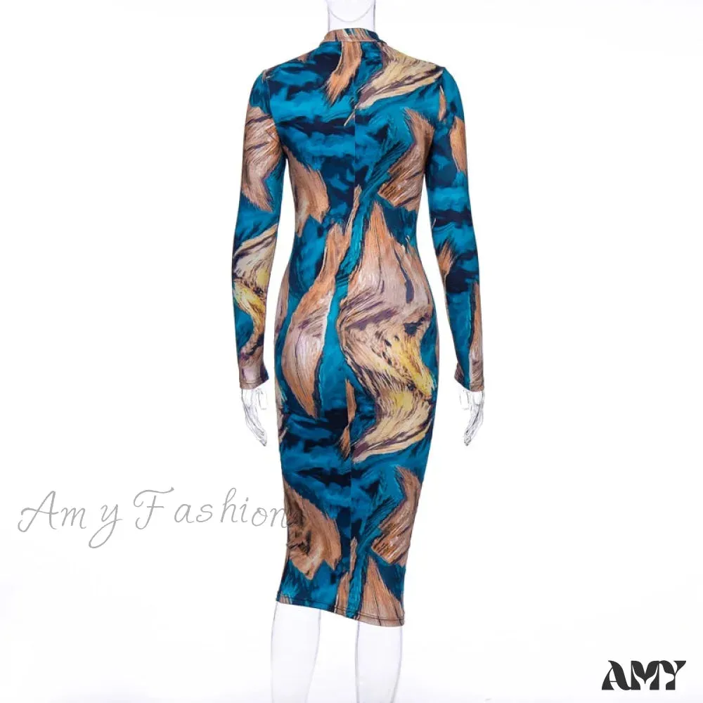 Amy Fashion - Tie Dye Print Long Sleeve Bodycon Midi Dress