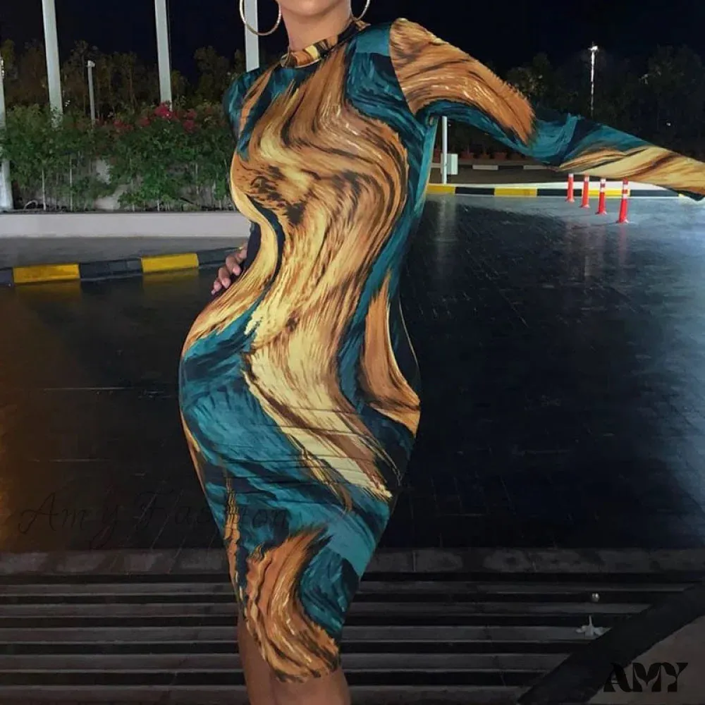 Amy Fashion - Tie Dye Print Long Sleeve Bodycon Midi Dress