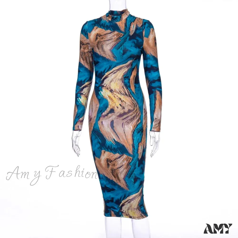Amy Fashion - Tie Dye Print Long Sleeve Bodycon Midi Dress