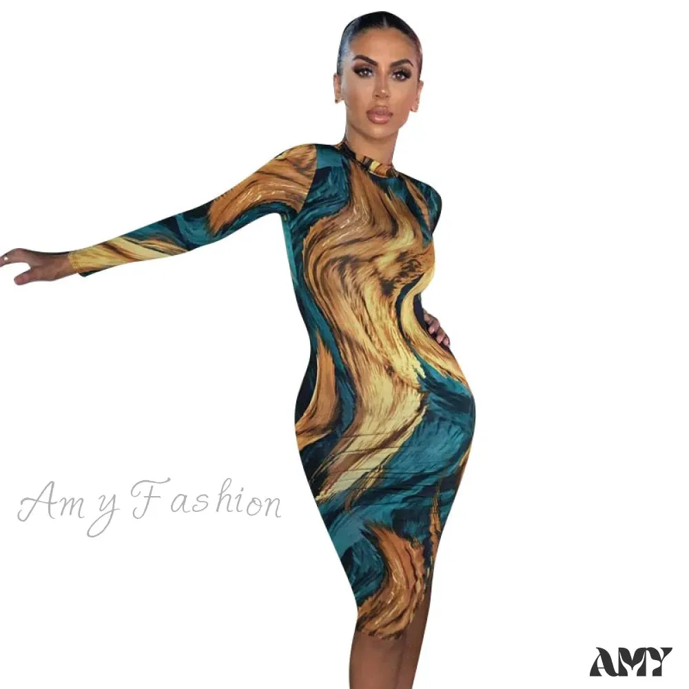 Amy Fashion - Tie Dye Print Long Sleeve Bodycon Midi Dress