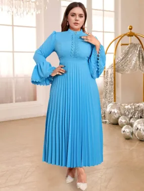 AOMEIDRESS Blue Pleated Maxi Dress Stand Collar Long Flare Sleeves