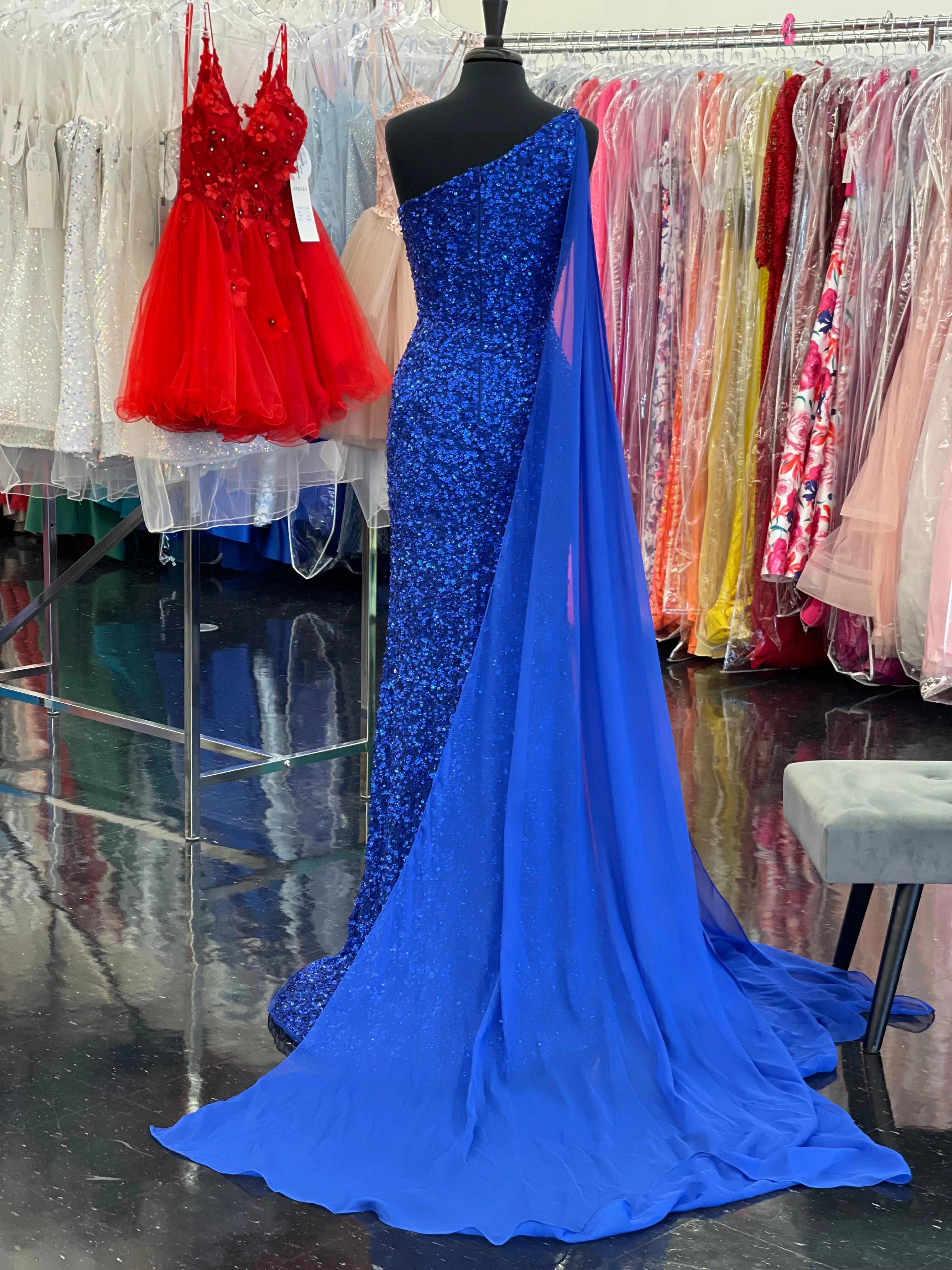 Ashley Lauren 11371 One Shoulder Prom Dress fully Sequence With Shoulder Cape