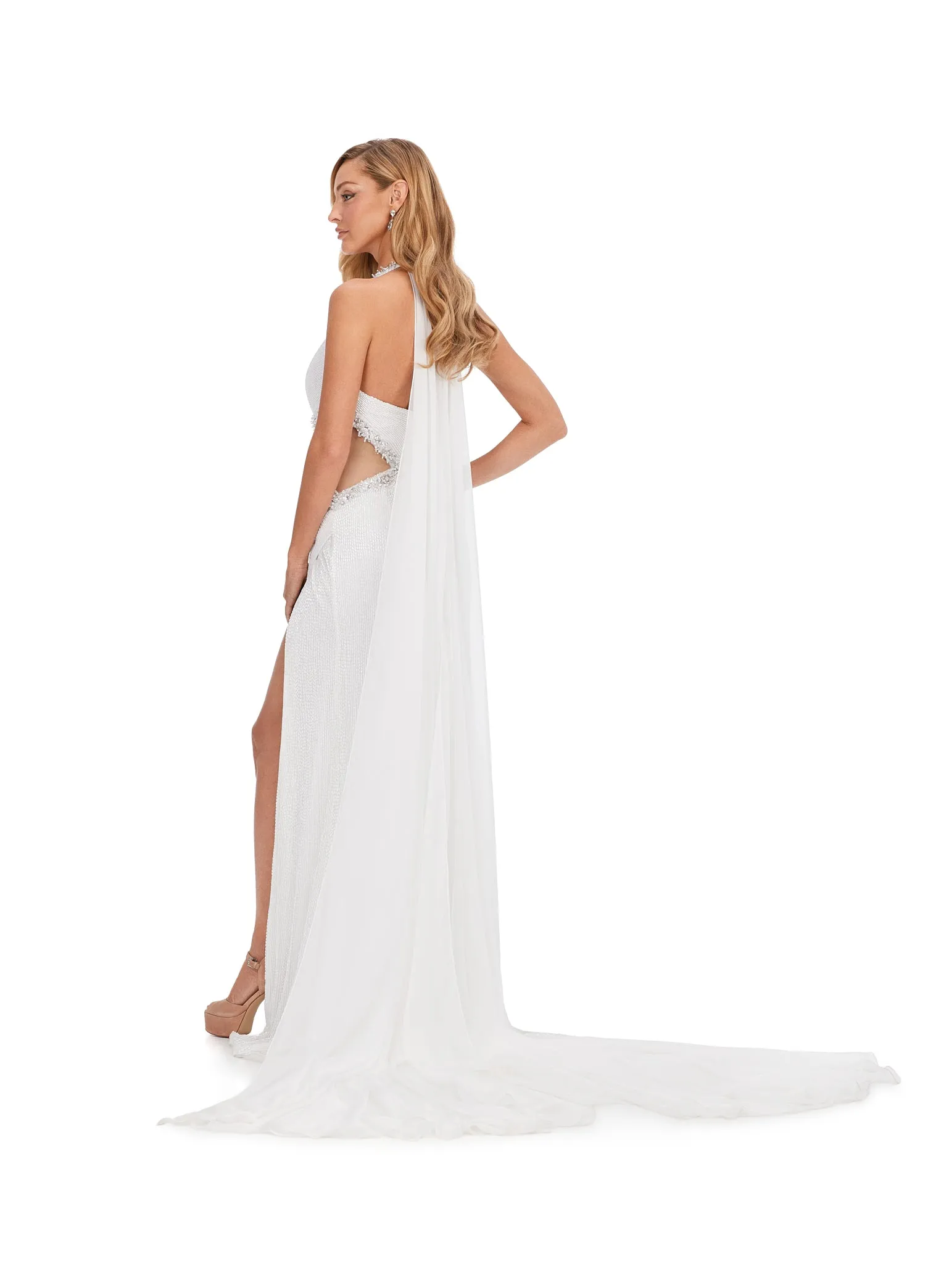 Ashley Lauren 11399 Halter Neckline Liquid Beaded Chiffon Cape Illusion Cut Outs With Crystal Detail Formal Dress Prom