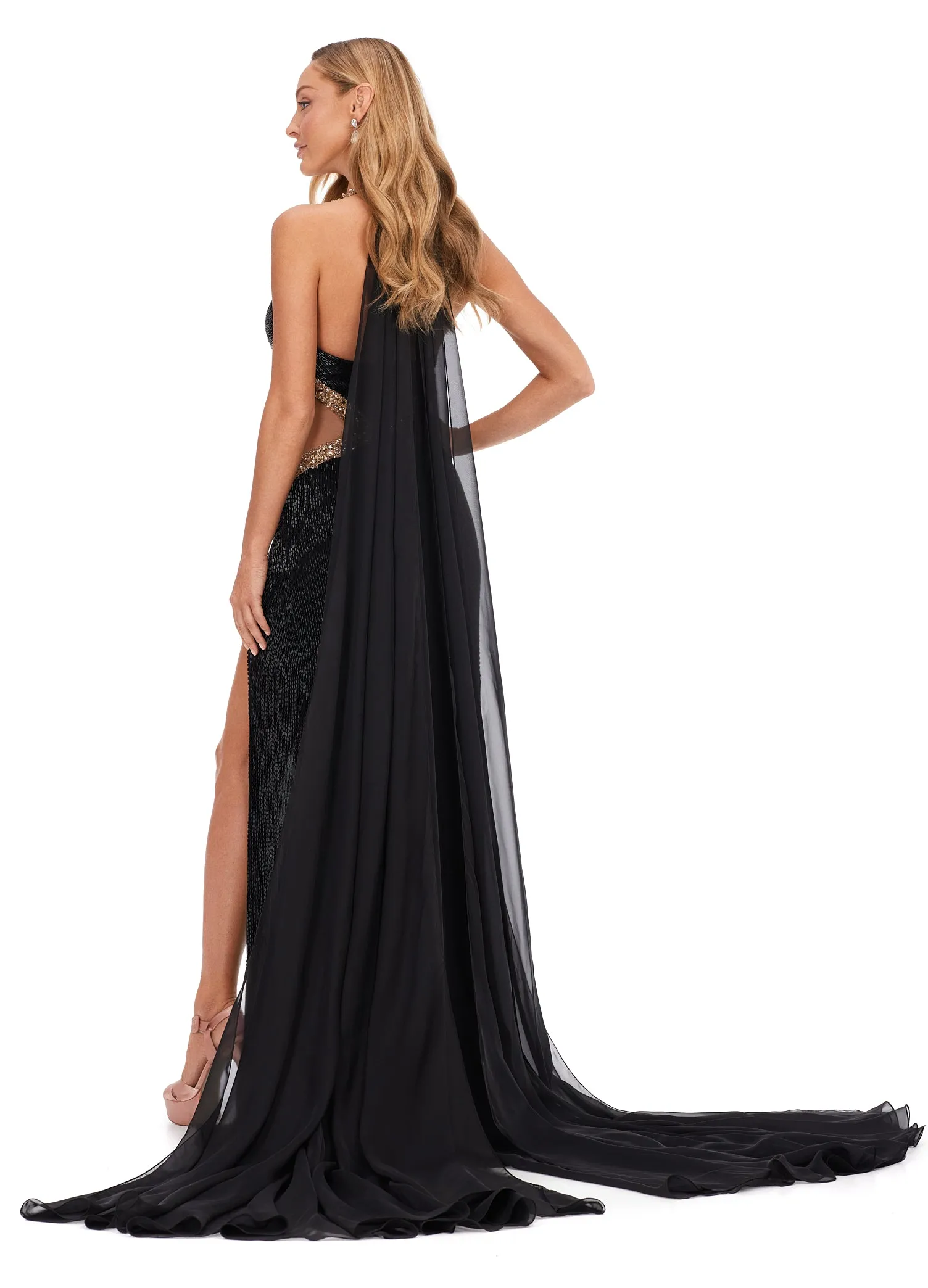 Ashley Lauren 11399 Halter Neckline Liquid Beaded Chiffon Cape Illusion Cut Outs With Crystal Detail Formal Dress Prom