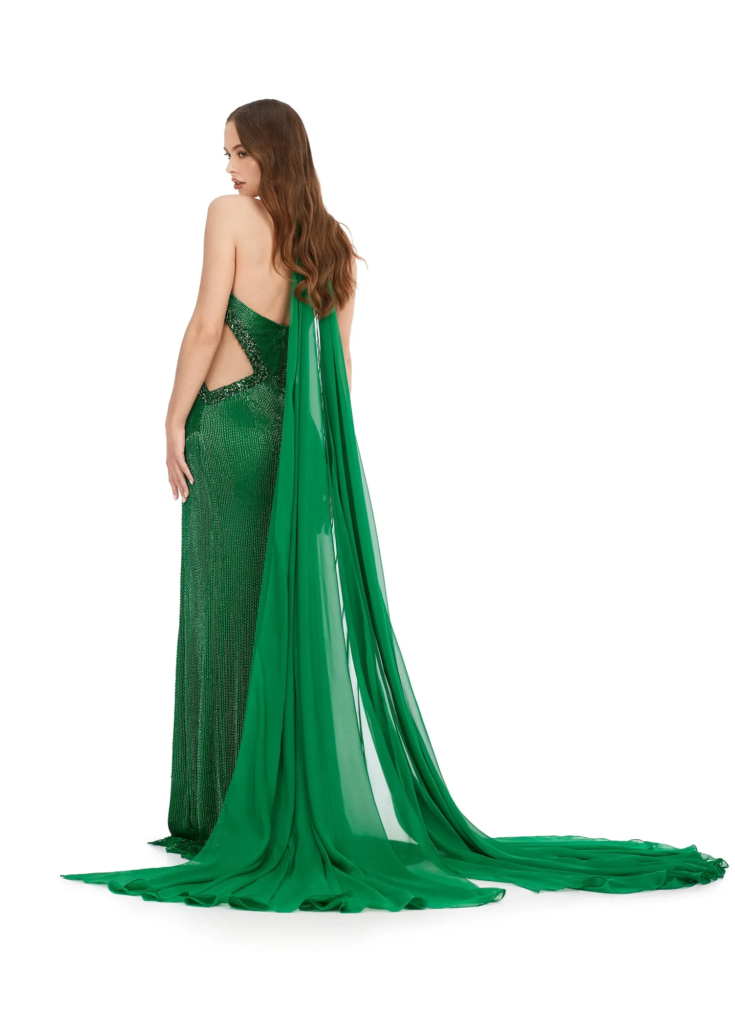 Ashley Lauren 11399 Halter Neckline Liquid Beaded Chiffon Cape Illusion Cut Outs With Crystal Detail Formal Dress Prom