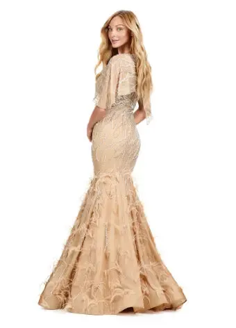 Ashley Lauren 11431 Long Prom Mermaid Dress Beaded Evening Gown Asymmetrical Cape Formal Pageant