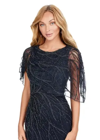 Ashley Lauren 11431 Long Prom Mermaid Dress Beaded Evening Gown Asymmetrical Cape Formal Pageant