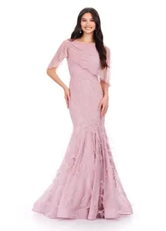 Ashley Lauren 11431 Long Prom Mermaid Dress Beaded Evening Gown Asymmetrical Cape Formal Pageant