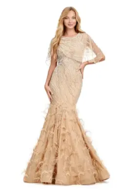 Ashley Lauren 11431 Long Prom Mermaid Dress Beaded Evening Gown Asymmetrical Cape Formal Pageant