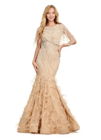 Ashley Lauren 11431 Long Prom Mermaid Dress Beaded Evening Gown Asymmetrical Cape Formal Pageant