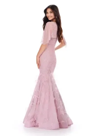 Ashley Lauren 11431 Long Prom Mermaid Dress Beaded Evening Gown Asymmetrical Cape Formal Pageant