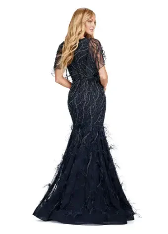 Ashley Lauren 11431 Long Prom Mermaid Dress Beaded Evening Gown Asymmetrical Cape Formal Pageant
