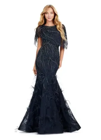 Ashley Lauren 11431 Long Prom Mermaid Dress Beaded Evening Gown Asymmetrical Cape Formal Pageant