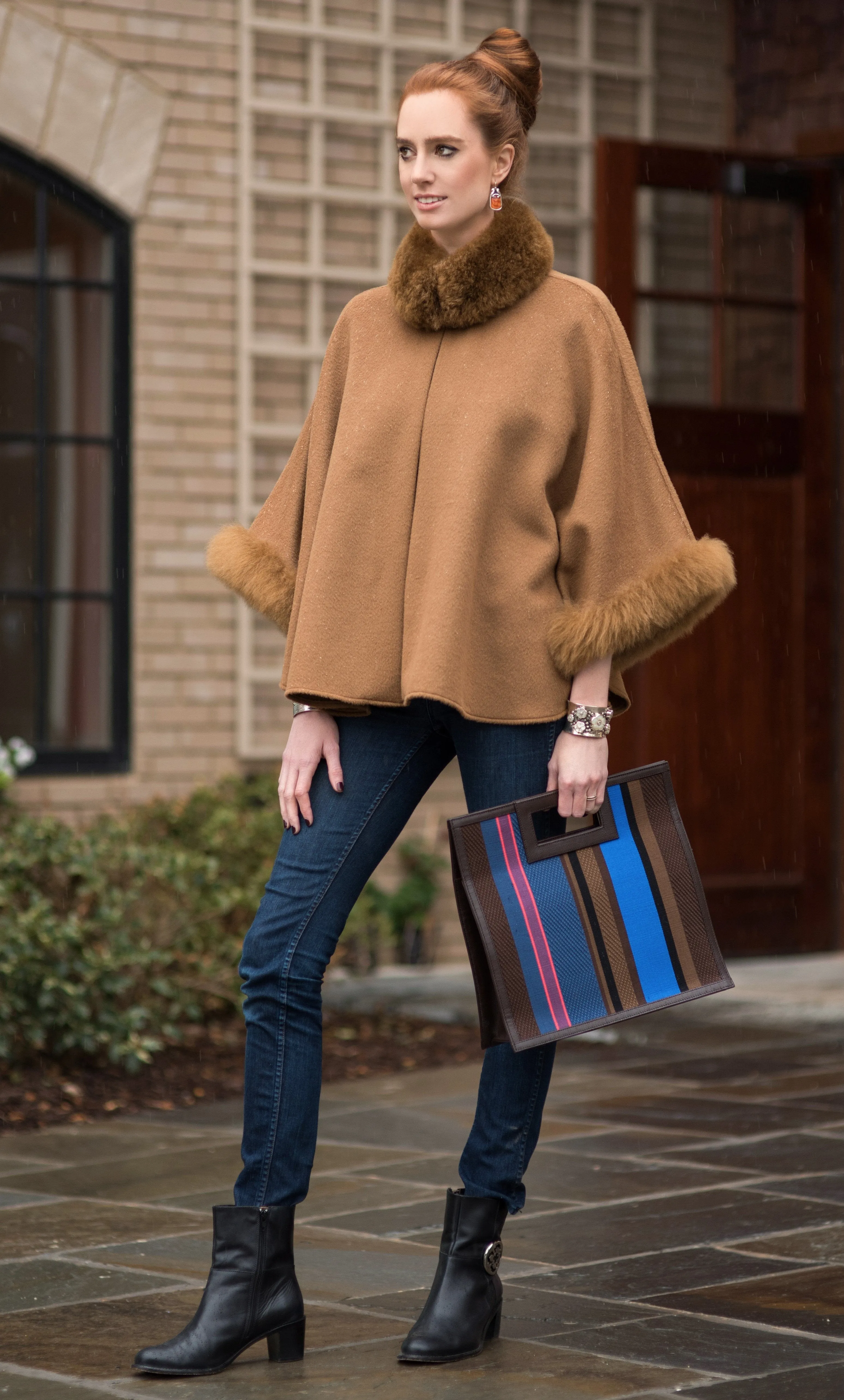 Baby Alpaca Short Cape with Fur Trim - Camel