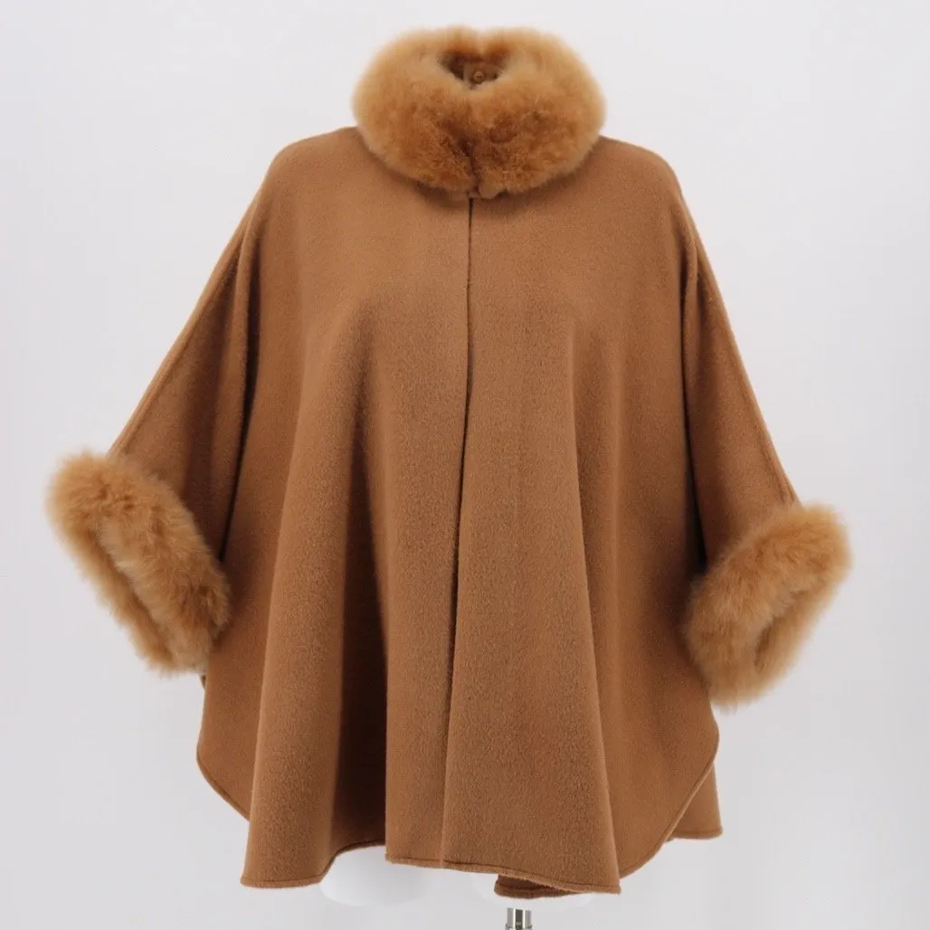 Baby Alpaca Short Cape with Fur Trim - Camel