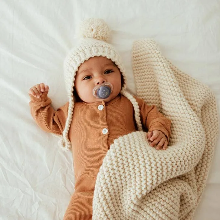 Baby Pom Hat - Bonnet Style Baby Hat - Hand Knit/ Natural