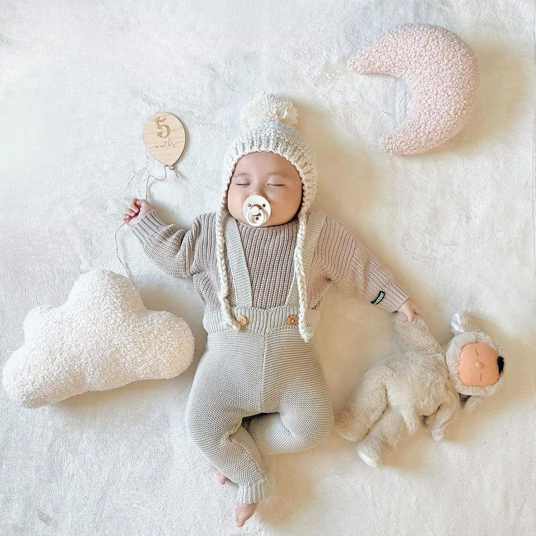 Baby Pom Hat - Bonnet Style Baby Hat - Hand Knit/ Natural
