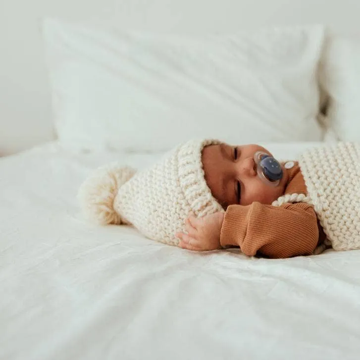 Baby Pom Hat - Bonnet Style Baby Hat - Hand Knit/ Natural