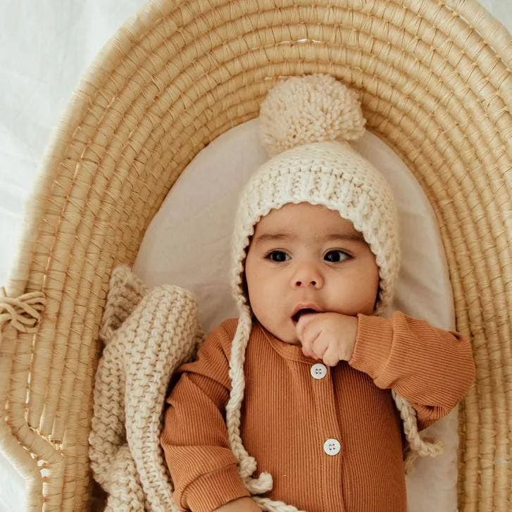 Baby Pom Hat - Bonnet Style Baby Hat - Hand Knit/ Natural