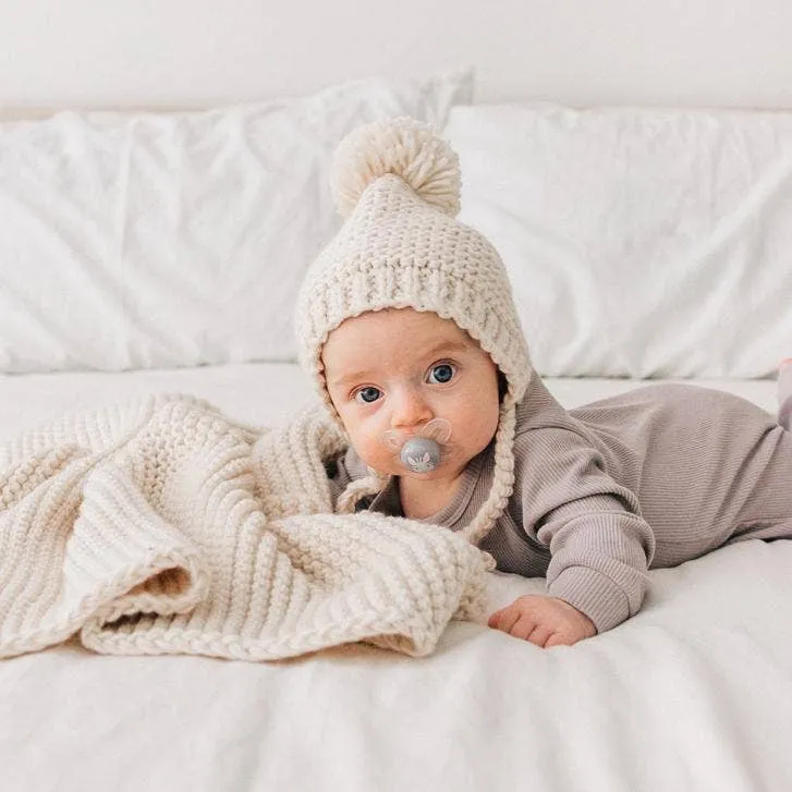 Baby Pom Hat - Bonnet Style Baby Hat - Hand Knit/ Natural