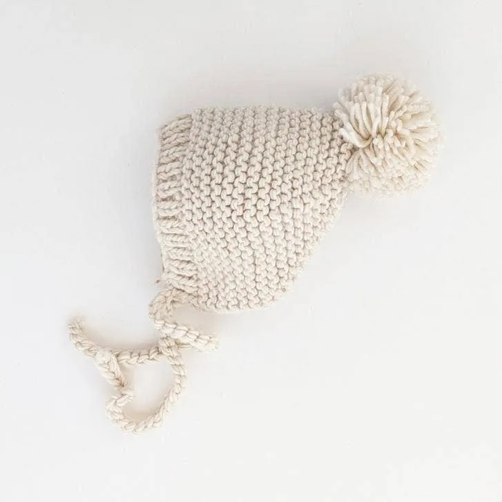 Baby Pom Hat - Bonnet Style Baby Hat - Hand Knit/ Natural