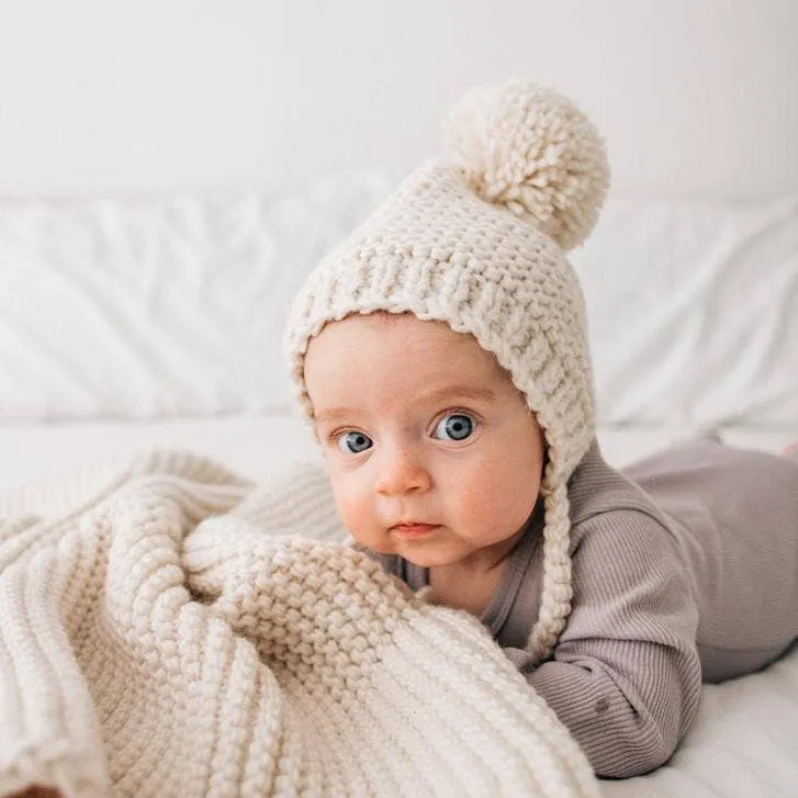 Baby Pom Hat - Bonnet Style Baby Hat - Hand Knit/ Natural