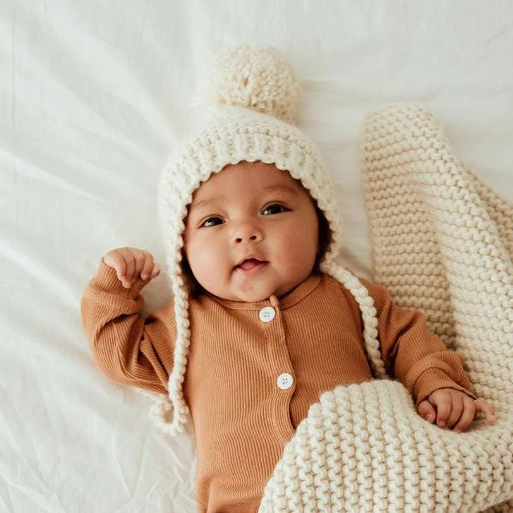 Baby Pom Hat - Bonnet Style Baby Hat - Hand Knit/ Natural