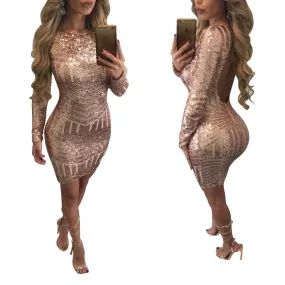 Backless Body Sheath Striped Sequins Short Dress