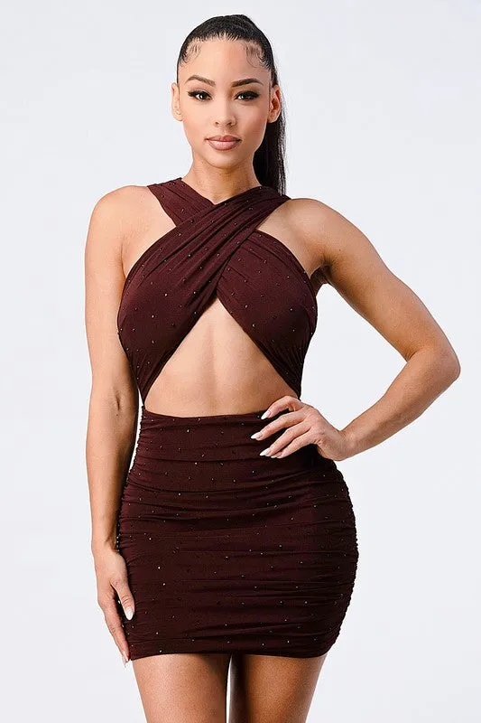 BEADED CROSSOVER FRONT CUT OUT BODYCON DRESS