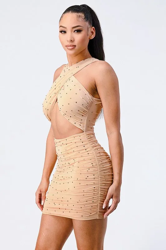 BEADED CROSSOVER FRONT CUT OUT BODYCON DRESS