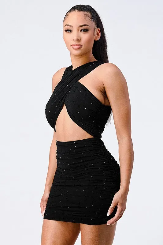 BEADED CROSSOVER FRONT CUT OUT BODYCON DRESS
