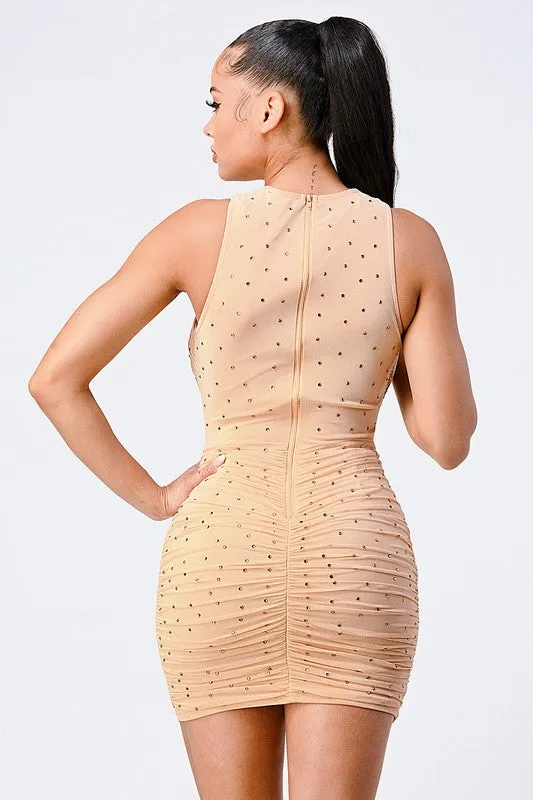 BEADED CROSSOVER FRONT CUT OUT BODYCON DRESS