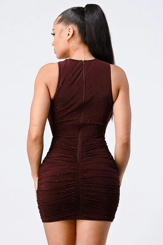 BEADED CROSSOVER FRONT CUT OUT BODYCON DRESS