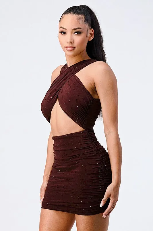 BEADED CROSSOVER FRONT CUT OUT BODYCON DRESS