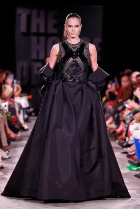 Beaded Geometric Fringe Sleeveless Ballgown with Silk Faille Cape