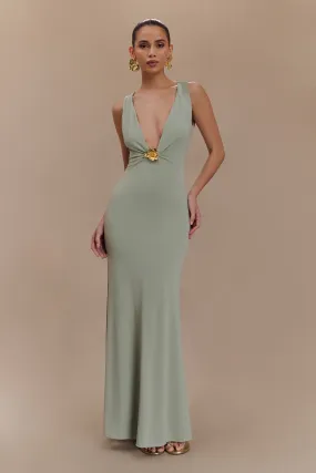 Beck Plunge Maxi Dress With Floral Hardware - Basil