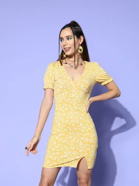 Berrylush Women Yellow & White Floral Printed V-Neck Puff Sleeve Straight Hem Side-Slitted Bodycon Mini Dress
