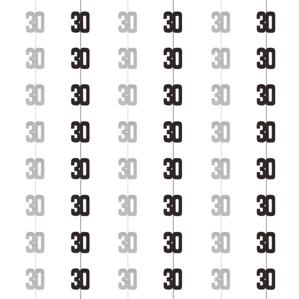 Birthday Glitz Black & Silver 30th Hanging Decorations - 1.52m - Pack of 6