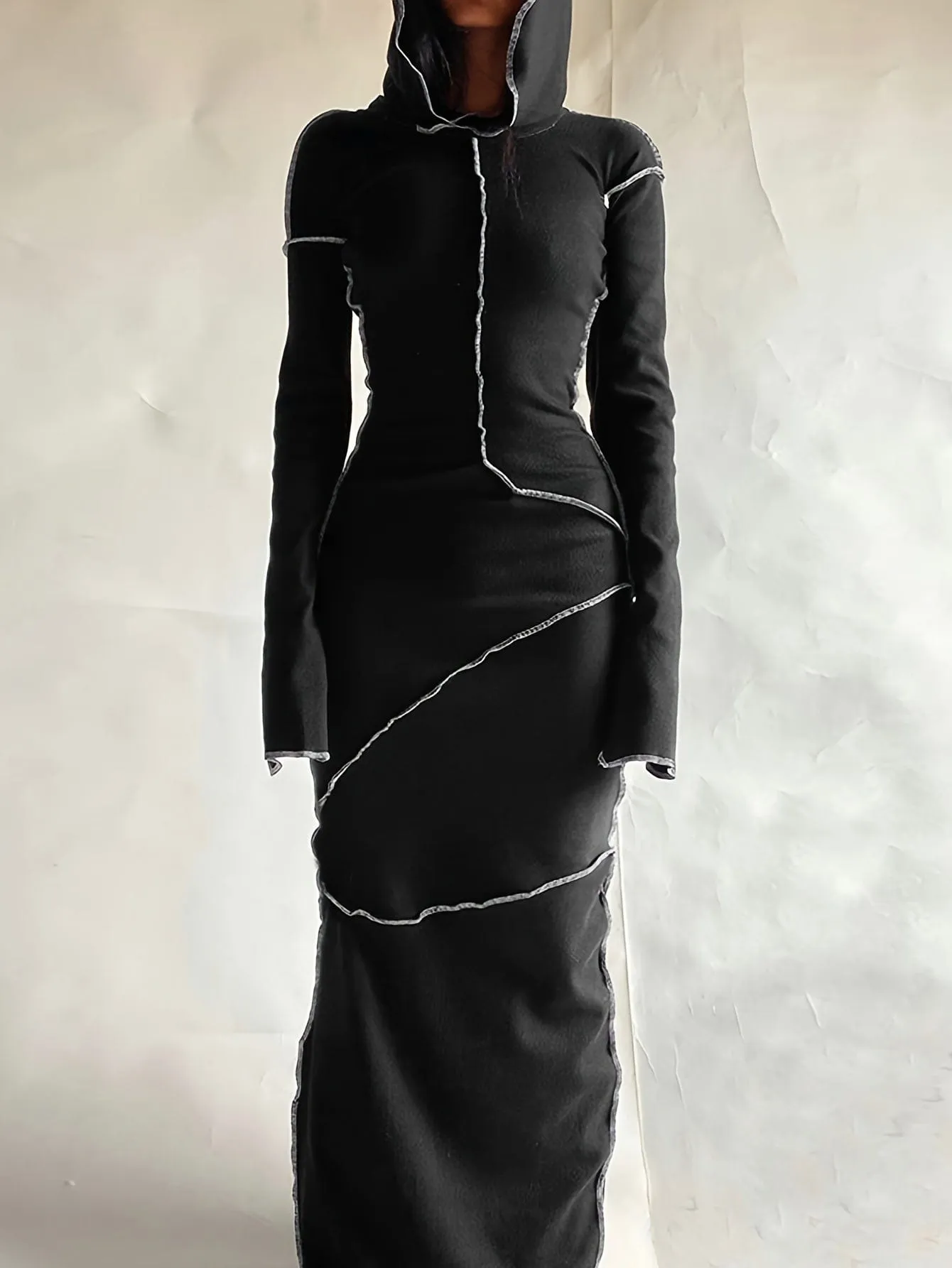 Black Knit Maxi Dress with Unique Seams