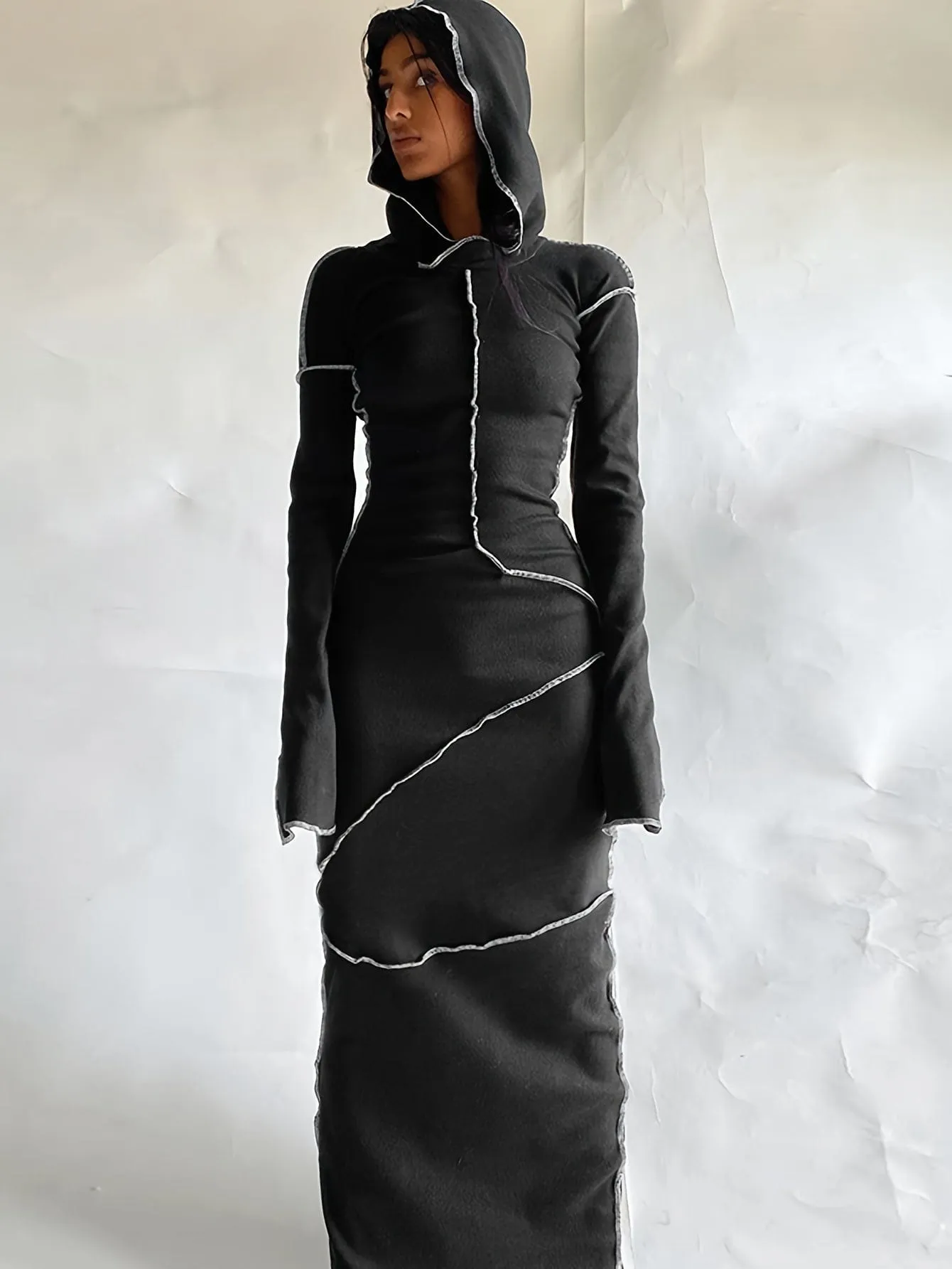 Black Knit Maxi Dress with Unique Seams