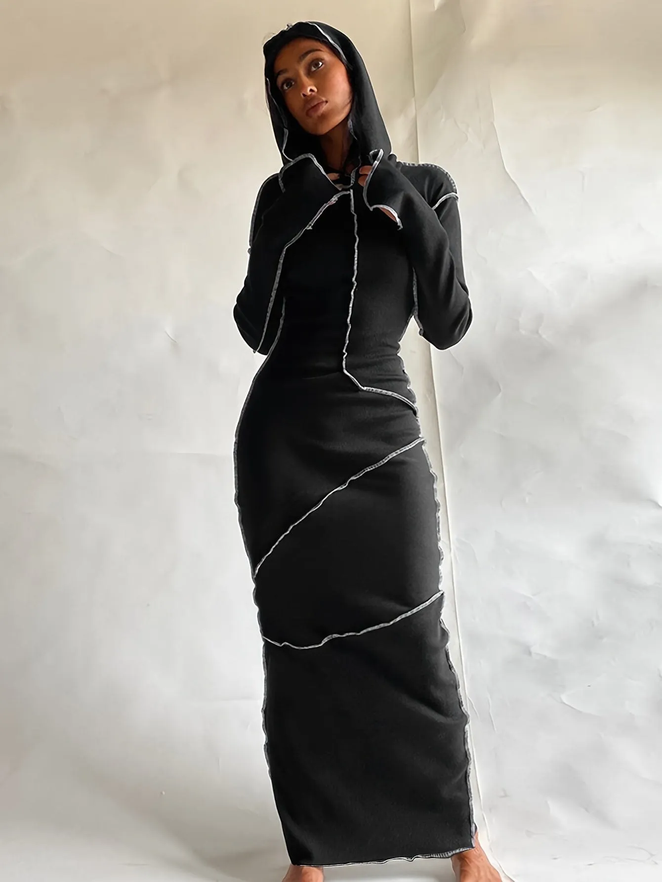 Black Knit Maxi Dress with Unique Seams