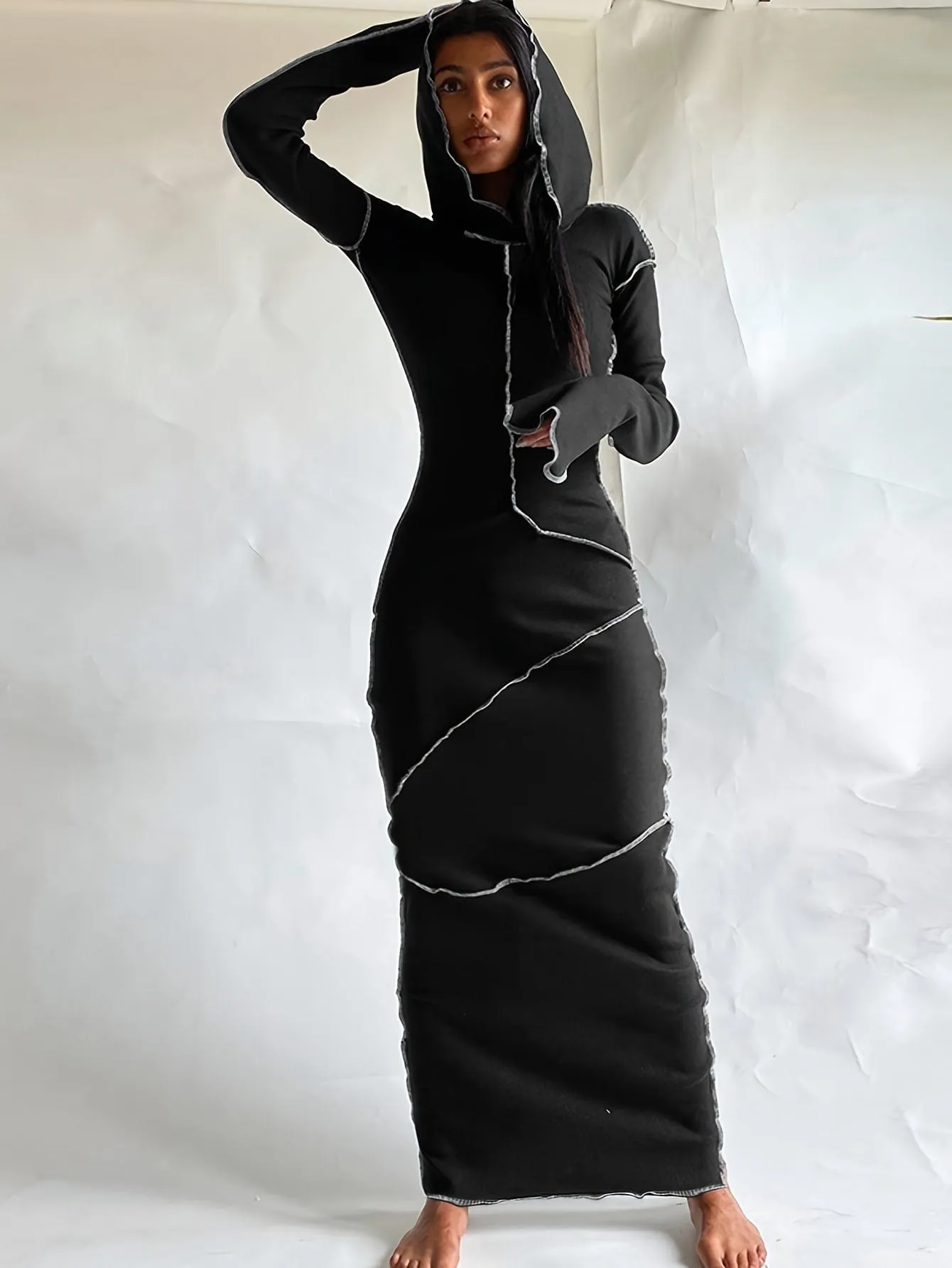 Black Knit Maxi Dress with Unique Seams