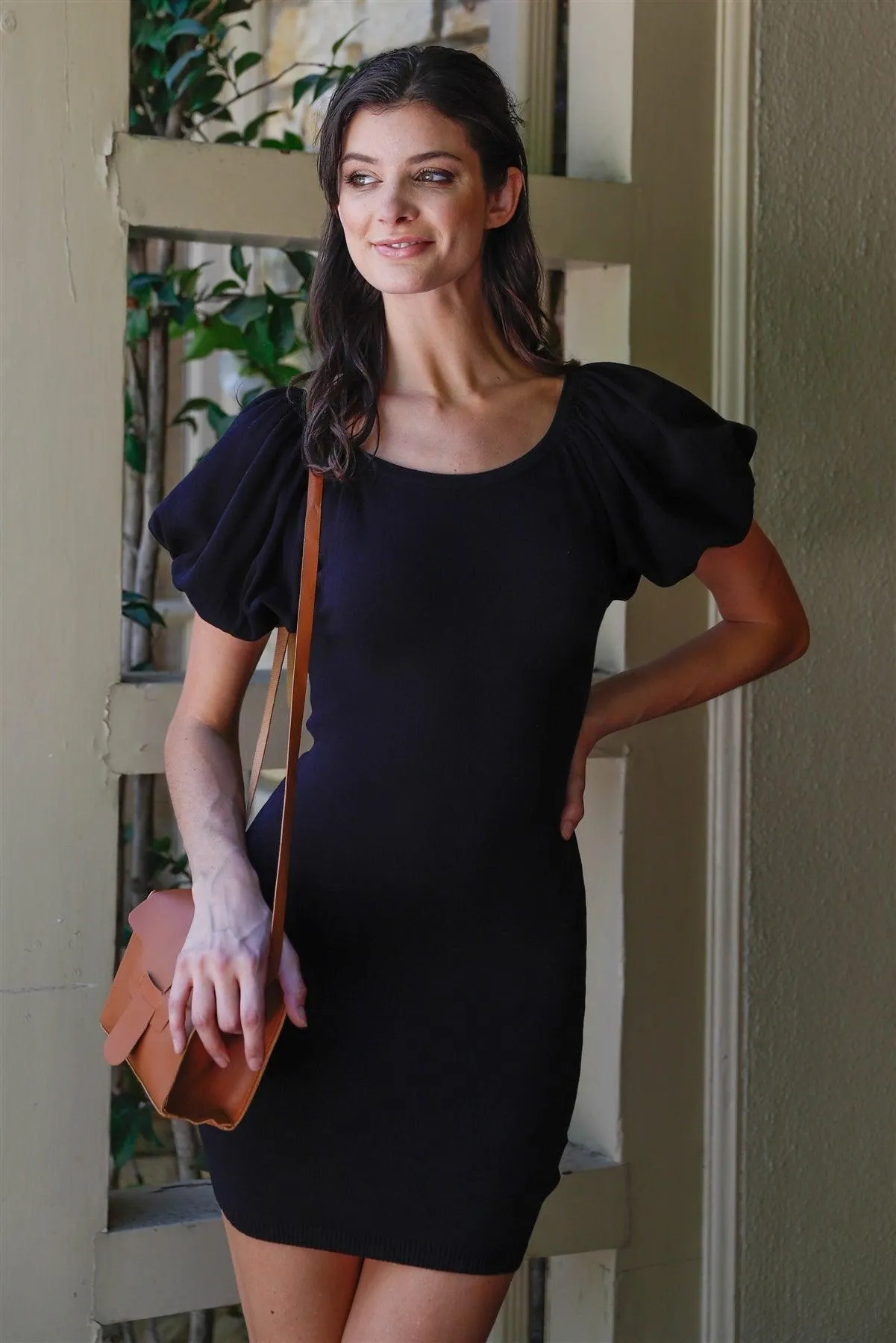 Black Knit Short Balloon Sleeve Bodycon Mini Dress /2-2-2